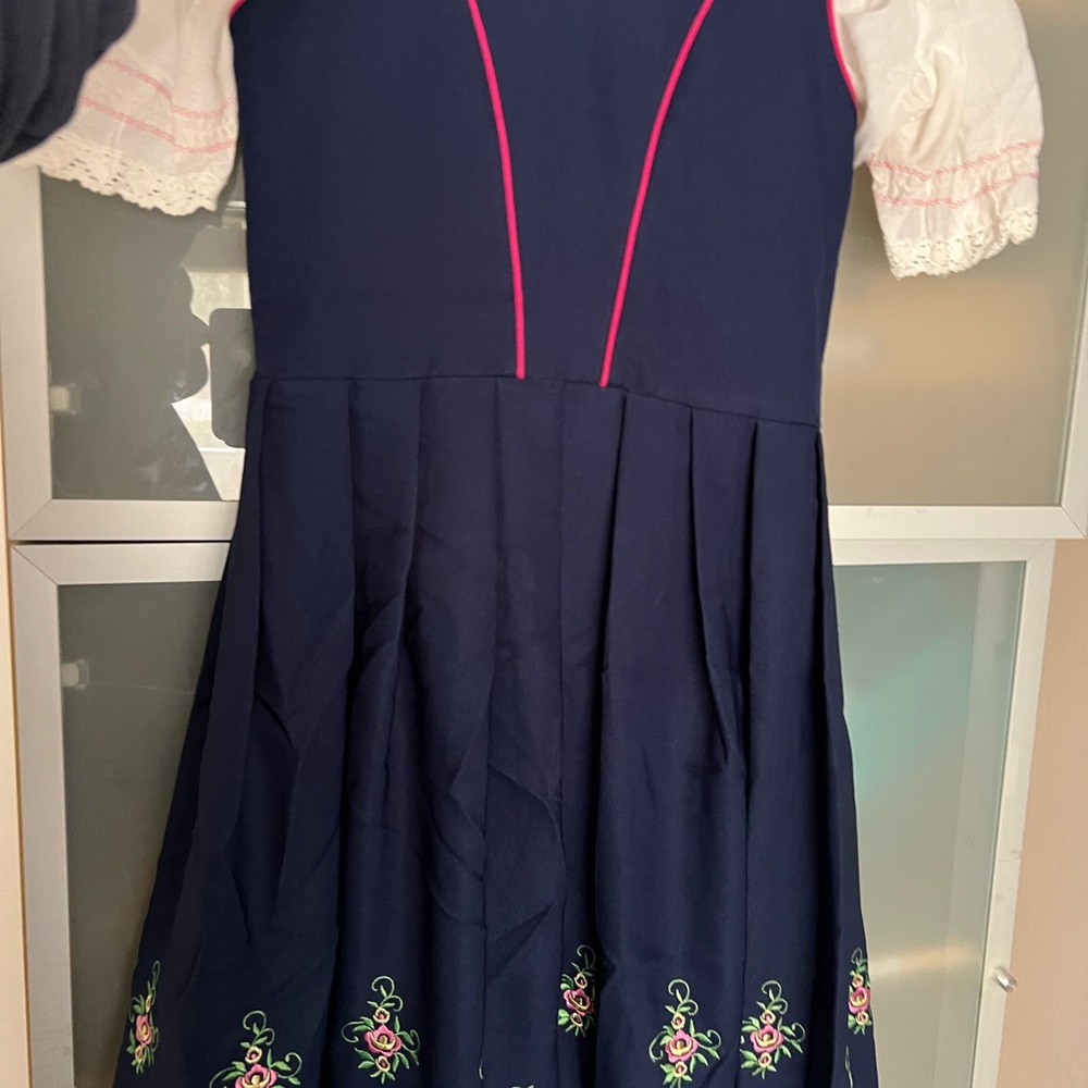 Navy Dress with Embroidered Floral Hem